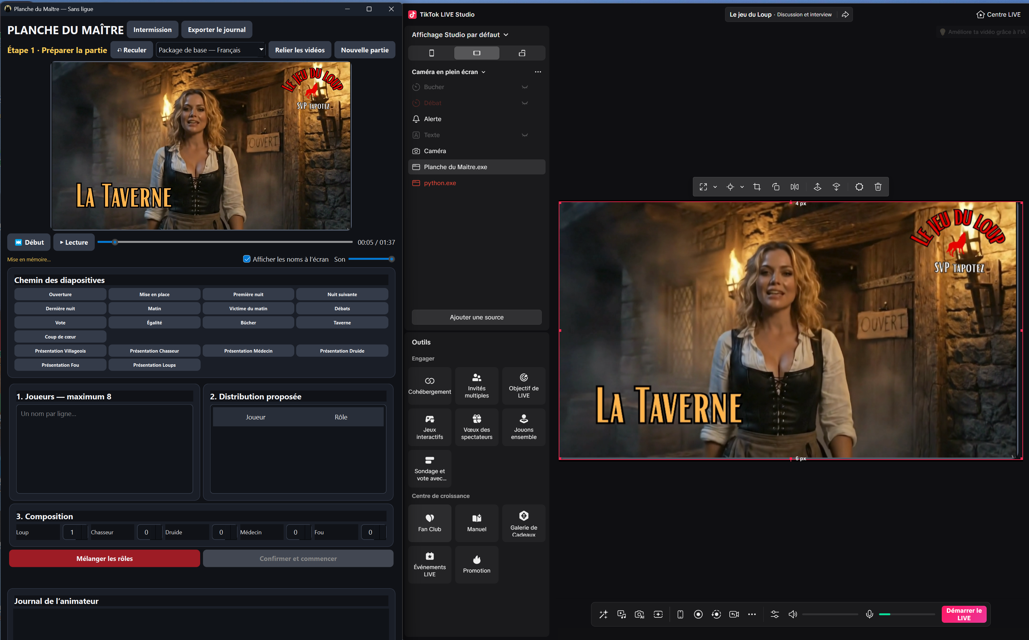 Capture réelle : Planche du Maître sans ligue à gauche et aperçu La Taverne dans TikTok LIVE Studio à droite, avant diffusion. Données privées retirées.